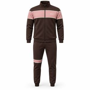 Men's Brown <b>Pink</b> Acid Wash Color Blocking <b>Tracksuit</b> Full Zip Jacket Tapered Joggers Side Pockets Front Logo Autumn Casual Sporty - Product Image 1