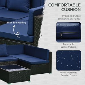 Set Divano in Teak e Rattan a 7 Pezzi per Esterni con Cuscini Rimovibili, Pouf e Tavolino da Caffè in Vetro Blu/Caffè Scuro per Ospedali - Product Image 5