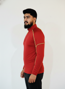 Camiseta Deportiva de Manga Corta con Cierre de Cremallera Roja para Hombre, Costuras en Amarillo en Contraste, Corte Regular, Ropa Deportiva de Verano, Protección UV, Transpirable - Product Image 3
