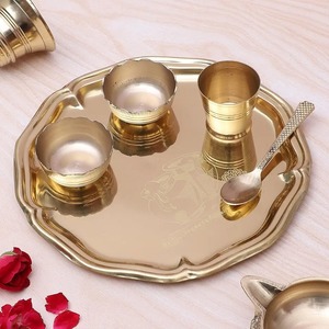 Elegant <b>Storage</b> Brass Pooja Thali Set Vintage Finish Puja Plate with Diya Bell Kalash Home Decoration - Product Image 1