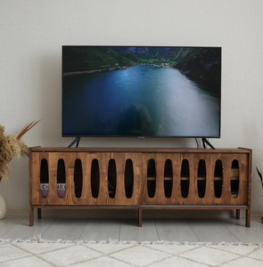 Mueble de TV con puerta corredera, estilo moderno, venta al por mayor de fábrica, consola de TV de madera de mediados de siglo con puerta corredera de corte ovalado - Product Image 1