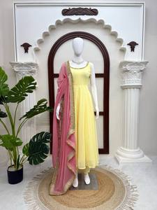 Yellow Pink Indian Pakistani Set Embroidered Foux Georgette Floor-Length Quick Dry Anarkali Dress <b>Net</b> <b>Dupatta</b> Festive Formal - Product Image 2