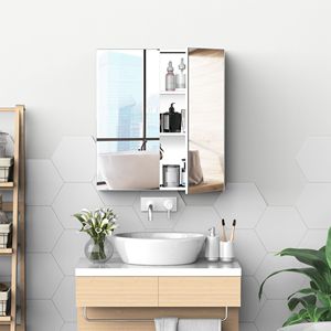 Armadietto da Bagno a Doppia Anta da Parete 60x65 cm, Organizzatore con Telaio in Acciaio Inox e Ante a Specchio - Product Image 2
