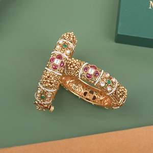 Sunidhi Antique Gold Plated Copper Alloy Designer Women's Casual Wedding Cuff Bangles From India - Product Image 3