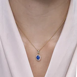 14K <b>Solid</b> <b>Gold</b> Natural 6*4mm 0.4Ct Oval Tanzanite <b>Pendant</b> With Floral 0.14Ct Diamond Halo Customized Handmade <b>Pendant</b> Necklace - Product Image 4