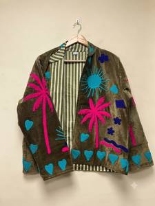 Blouson Bomber en Velours Brodé Fait Main pour Femme, Motif Palmier et Soleil Floral, Écologique, Style Bohème, Vêtement d'Extérieur Hiver Automne - Product Image 1