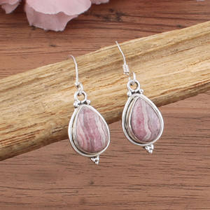 Pendientes de Rodocrosita Natural al por Mayor, Plata de Ley 925, Pendientes Colgantes de Piedras Preciosas con Bandas Rosas Hechos a Mano, Lujo para Bodas - Product Image 1