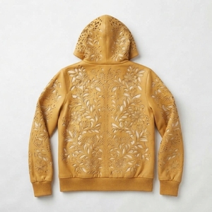 Chaqueta de Cuero Genuino para Hombre, Cuello Redondo, Diseño Floral Repujado, Estilo Casual Otoñal, Corte Regular, Puños Tejidos - Product Image 2