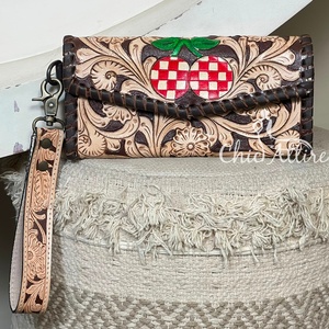 <b>Women</b>’s Handmade Tooled Floral Carved Genuine Leather <b>Women's</b> Clutches Cute Cherry Design Wristlet Evening <b>Card</b> Holder <b>Wallet</b> - Product Image 1