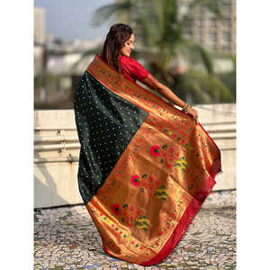 Sari en soie Elite Weaves Green Bottle Fusion avec bandhani tissé Zari, style indien et pakistanais, 650g - Product Image 4