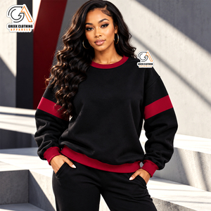 Vêtements grecs pour femmes, sweat-shirt noir et rouge uni à col rond, manches longues, logo badge sur la manche gauche, vêtements décontractés d'hiver, 100% coton - Product Image 1