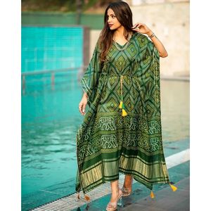 Fancy Gaji Silk Bandhani Printed Ready-to-Wear <b>Kaftan</b> Green - Product Image 1