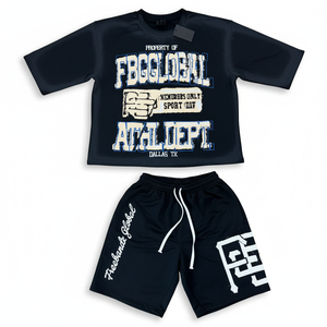 Ensemble T-shirt et short sportif pour homme FBCGLOBAL, noir, col rond, séchage rapide, imprimé avec des lettres, vêtements d'été - Product Image 1
