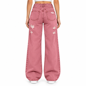 High Quality <b>Women</b> Ripped Wide Leg <b>Jeans</b> High Waist Distressed Denim Trousers <b>Baggy</b> Damaged Pants Custom <b>Women's</b> Denim <b>Jeans</b> - Product Image 2