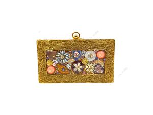 Handcrafted Gold Metal Panelled Clutch with Multicolor Stone <b>Crystal</b> Bead Floral Inlay Frame Designer Statement <b>Bag</b> for women - Product Image 1