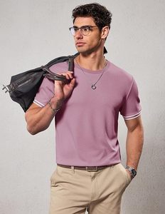 T-shirt pour homme à manches courtes, coupe ajustée, couleur unie, col rond, en coton tricoté, vêtement décontracté, design à bordure contrastée - Product Image 2
