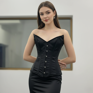 Black Satin Overbust <b>Corset</b> Women Strapless Boned Bustier Waist Cincher <b>Gothic</b> <b>Corset</b> Top Wholesale - Product Image 1