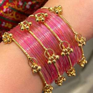 Trendy Kashmiri Glass <b>Bangles</b> 16-Piece Pink Transparent Set Golden Ghungroo Traditional Handmade Bridal Fashion Jewelry Third - Product Image 1