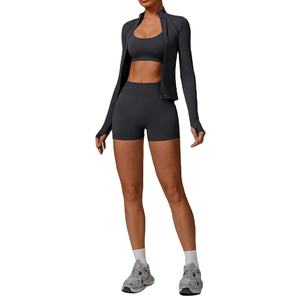 Conjunto de Yoga de 2/3 Uds., conjunto de entrenamiento para mujer, ropa deportiva sin costuras, ropa de gimnasio, Top corto de manga larga, mallas de cintura alta, trajes deportivos - Product Image 2