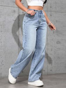Jean en denim taille haute à jambe large pour femme, bleu clair délavé, coupe décontractée ample, longueur intégrale, style vintage, baggy, idéal pour l'été - Product Image 5