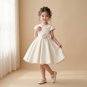 ชุดเดรสหรูหราสำหรับเด็กผู้หญิง สีงาช้าง ผ้าซาติน ปกปีเตอร์แพน ประดับมุก โบว์ผูก  ชุดเดรสสำหรับงานปาร์ตี้  ชุดสำหรับโอกาสพิเศษสำหรับเด็ก - Product Image 4