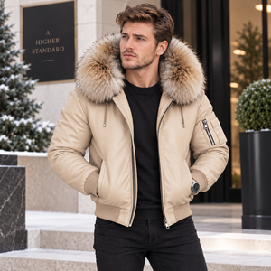 Veste en cuir pour homme de haute qualité avec capuche en fourrure, vente en gros personnalisée |   Veste de couleur personnalisée |   Blouson rembourré |   Bomberjack de luxe - Product Image 4