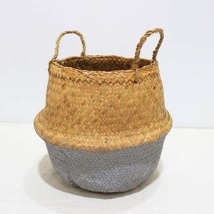 Top Rated Natural Palm Leaf <b>Woven</b> <b>Basket</b> Foldable Round Belly Planter with Handles - Product Image 3