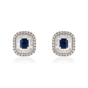 High End Premium Quality 14K Real White Gold Blue Sapphire & Diamond Double Cluster Push <b>Back</b> Stud <b>Earrings</b> For Women' Jewelry - Product Image 1