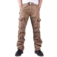 Celana Cargo Khaki Pria Model Lurus Banyak Kantong Gaya Pakaian Kerja Kanvas Bernapas Kancing Depan Berat Sedang Cocok untuk Musim Gugur