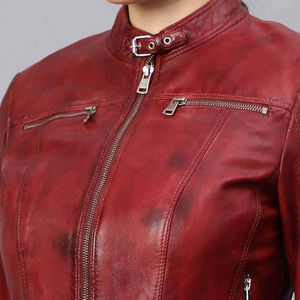 Women's <b>Red</b> Genuine Leather Moto Jacket Full Sleeve Stand Collar Zipper Closure Autumn Style - Product Image 6