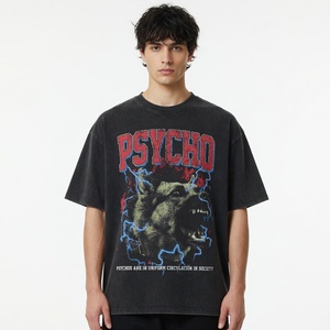 T-shirt da uomo oversize nera lavata a maniche corte con stampa grafica Psycho Wolf, stile streetwear - Product Image 4