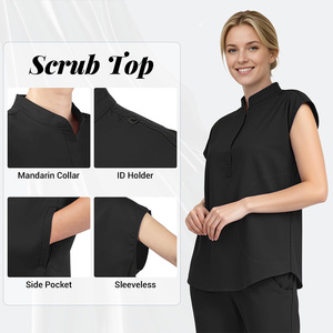 Women Custom Branding <b>Scrub</b> <b>Set</b> Black Sleeveless Top With Pants Hospital Uniform Medical Workwear Polyester Woven Fabric - Product Image 4