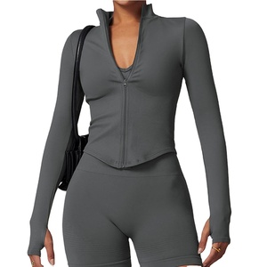Veste zippée pour femme, crop top, t-shirts de yoga, hauts de sport unis à manches longues, chemises de course sexy, séchage rapide, vêtements de sport pour la gym - Product Image 2