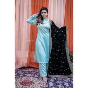 Ensemble de costume en crêpe velours turquoise à col roulé pour femme, taille XS, tendance du moment - Product Image 5