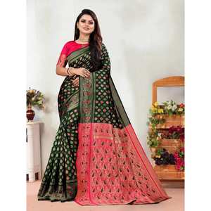VÊTEMENTS DE MARIAGE BANARASI SOIE JACQUARD TRAVAIL SAREE AVEC CHEMISIER NON COUDU VERT - Product Image 1