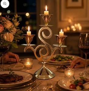 Golden Metal <b>Candelabra</b> With Three Arms For Home Decoration Heat Resistant Round Shape - Product Image 2