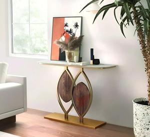 Modern Geometric <b>Console</b> <b>Table</b> With Wood Inlay And <b>Gold</b> Frame For Entryway Decor - Product Image 1