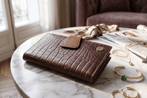 WRIZA Portefeuille-pochette en cuir véritable effet croco pour femme |   Porte-monnaie de voyage marron fin avec 7 emplacements pour cartes et plusieurs compartiments. - Product Image 6