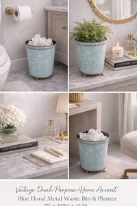 Poubelle en métal bleu à imprimé floral, idéale pour la salle de bain, la chambre, le bureau, le comptoir de cuisine et la table d'hôtel ou de restaurant - Product Image 4