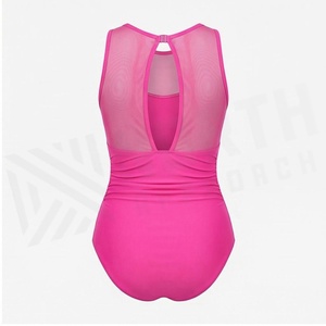 Women High Neck One Piece Swimsuit Solid Pink Mesh Panel Stretch Bodysuit Regular Fit High Waist Swimwear - Product Image 2
