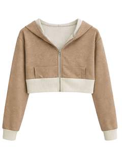 Sudadera con capucha corta para mujer, con cremallera, color marrón canela y bloques de color de felpa de algodón, estilo casual y urbano. - Product Image 1