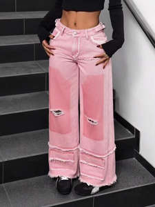 กางเกงยีนส์สีชมพูแบบใหม่ขายดี กางเกงยีนส์ผู้หญิงสั่งทำพิเศษ ลายฉลุและไล่เฉดสี ทรงโอเวอร์ไซส์ สไตล์ฮิปฮอป - Product Image 4