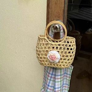 <b>Straw</b> Woven Handbag With Crochet Flower Decoration Bohemian Style Summer Daily Use Women's Shoulder <b>Bag</b> - Product Image 1