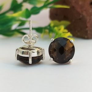 Natural Smoky Quartz Faceted Round Shape Gemstone <b>Earrings</b> 10mm Quartz Stone In 925 Sterling Silver Stud Stud <b>Earrings</b> For Women - Product Image 2