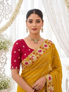 AARA Fashion Yellow Silk <b>Saree</b> with Pink Embroidery Matching Blouse <b>for</b> Wedding Occasion <b>Women</b> Traditional Wear Sun Protection - Product Image 5