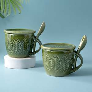Green Bliss Glazed Ceramic Mug <b>Set</b> of 2 300ml Capacity <b>Microwave</b> Safe Heart and Fruits Pattern for Coffee and Tea - Product Image 6