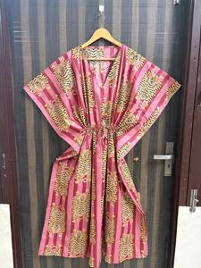 Women 100% Cotton Floral Maxi <b>Kaftan</b> Dress Batwing Sleeves Eco-Friendly Striped <b>Beach</b> Cover Boho Resort Wear Kimono Summer Tunic - Product Image 1
