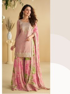 ZAIN EXPORT NOUVELLE COLLECTION : Ensemble Salwar Kameez Moderne avec sous-vêtement intégré, en soie Chinon lourde et crêpe, pantalon Palazzo et Dupatta, pour Mariage/Fête, livraison rapide - Product Image 3