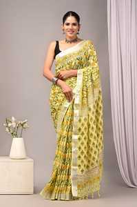 HandBlock Print Premium Cotton <b>Linen</b> Saree for <b>Women</b> – Soft Breathable Traditional Indian Ethnic Wear - Product Image 3