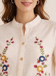 Camisa de Lino y Algodón con Estampado Floral Multicolor, Bordado, Cuello Mao, Corte Holgado, Estilo Casual - Product Image 4